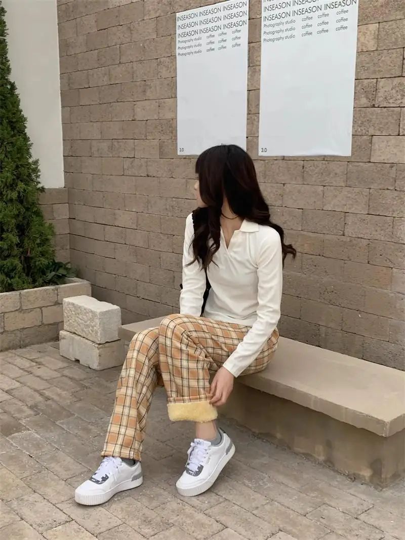 Lamb Velvet Fleece Lined Plaid Wide Leg Pants High Waist Straight Cut Winter New Casual Trousers for Women Korean Style