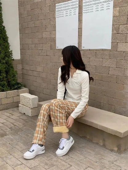 Lamb Velvet Fleece Lined Plaid Wide Leg Pants High Waist Straight Cut Winter New Casual Trousers for Women Korean Style