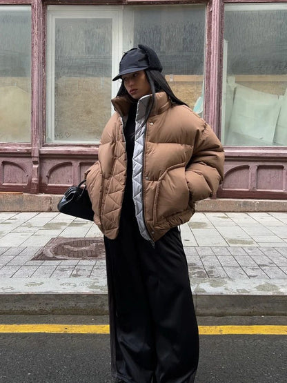 Detachable Hooded Padded Jackets Women's Loose Full Sleeves Zipper Pockets Stand Collar Coats 2025 Autumn Winter Female Outwear