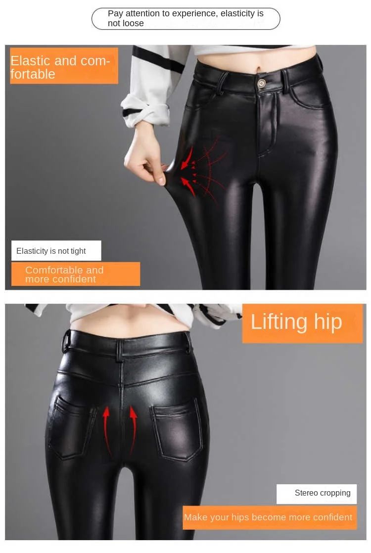 PU Leather Pants for Women Leggings Pencil Pants with Thermal Lining Female High-Waisted Stretchy Slim Fit Autumn Winter Black