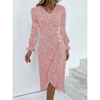 Elegant Floral Pleated H shaped Midi Dress Female V Neck Puff Sleeve Waist Ruche