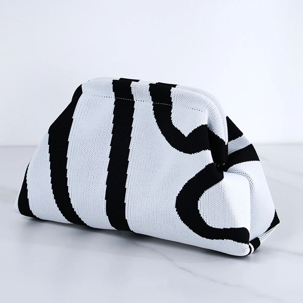 Women Knit Stripe Purse Contrast Color Small Crochet Handbag Knitting Dumpling Clutch Woven Bag for Female