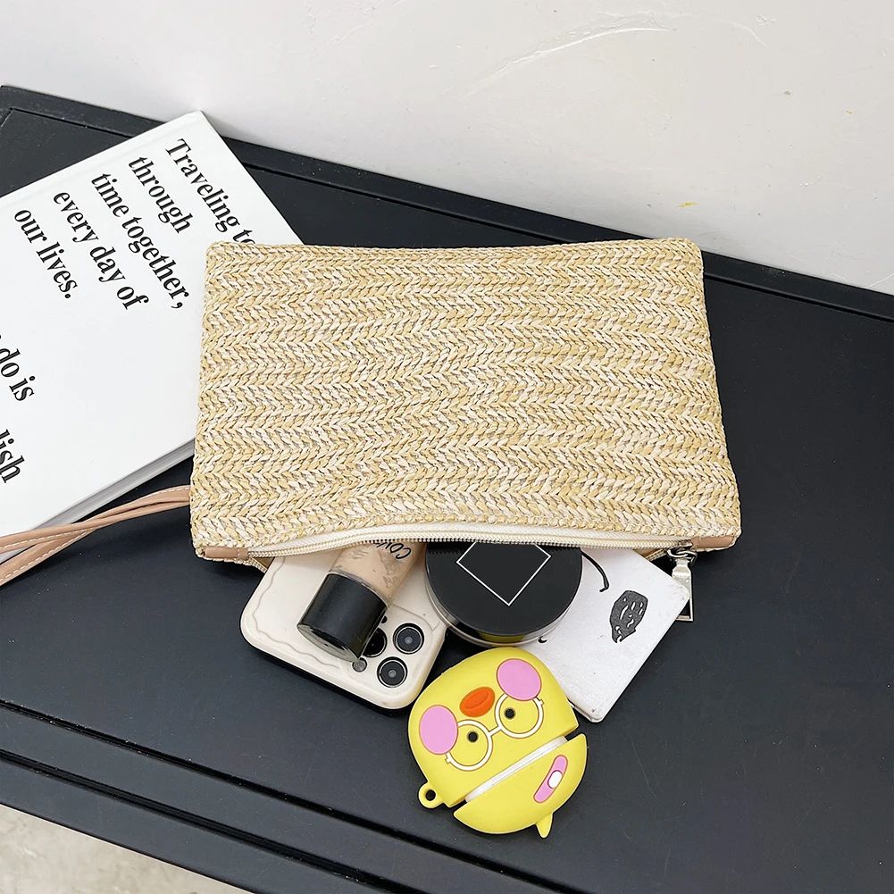Boho Elegant Straw Handbag Beach Clutch Women's Beach Woven Clutch Purse Solid Colour