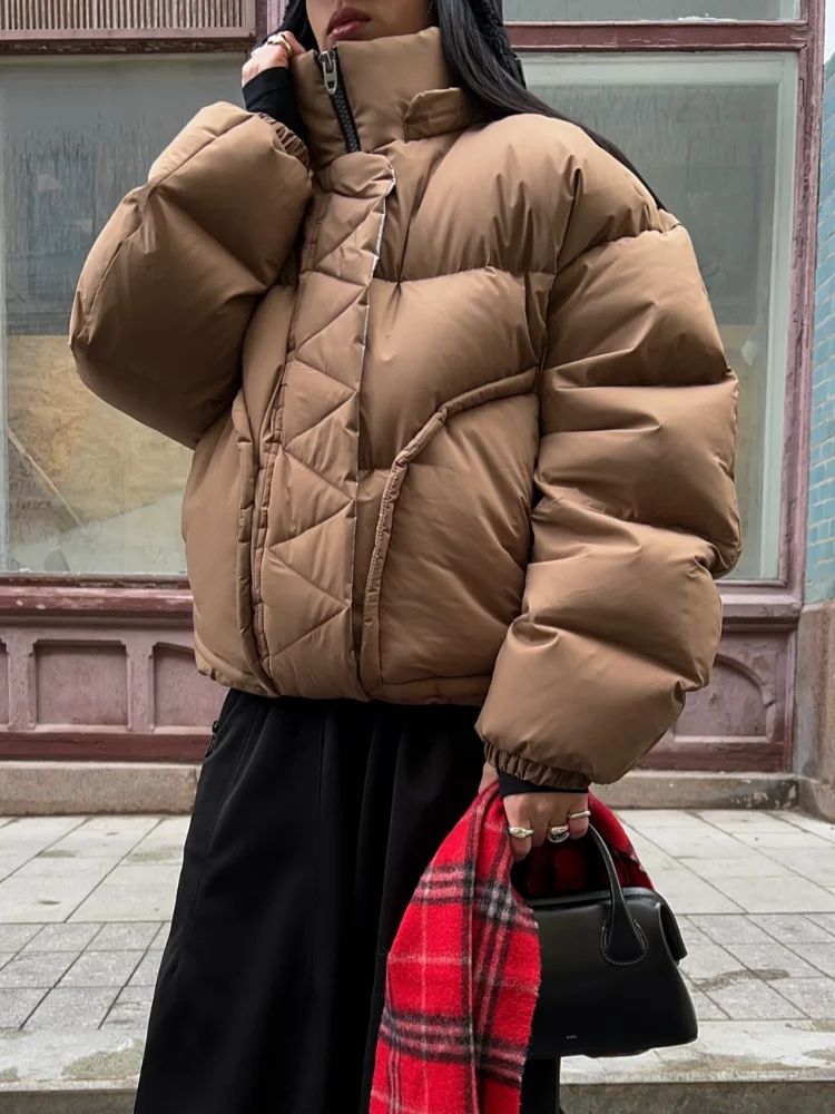 Detachable Hooded Padded Jackets Women's Loose Full Sleeves Zipper Pockets Stand Collar Coats 2025 Autumn Winter Female Outwear