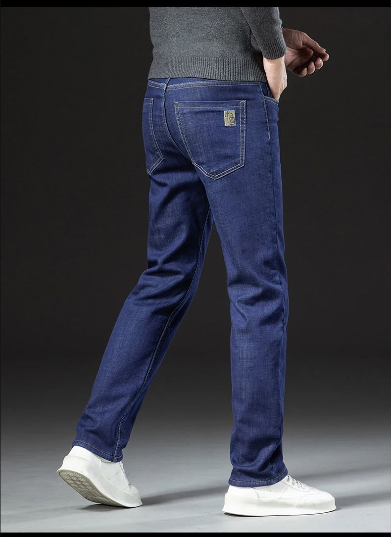 2025 New Classic  Men's Business Casual Velvet Jeans Winter Chinese Embroidery Straight Loose Warm Thick Pants