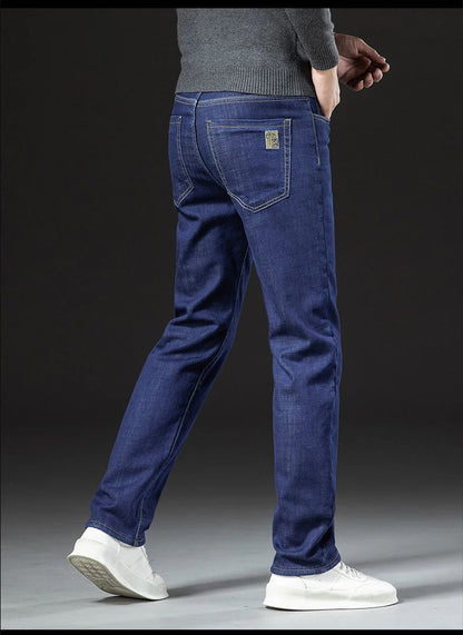 2025 New Classic  Men's Business Casual Velvet Jeans Winter Chinese Embroidery Straight Loose Warm Thick Pants