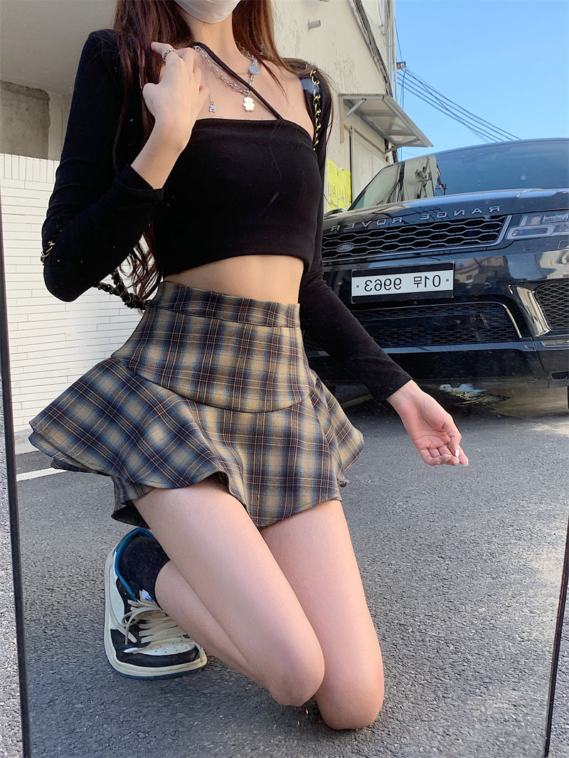 Tiered Mini Skirt Y2K High Waist Tartan Ruffled Plaid Skirt Skort Women Aesthetic Outfit