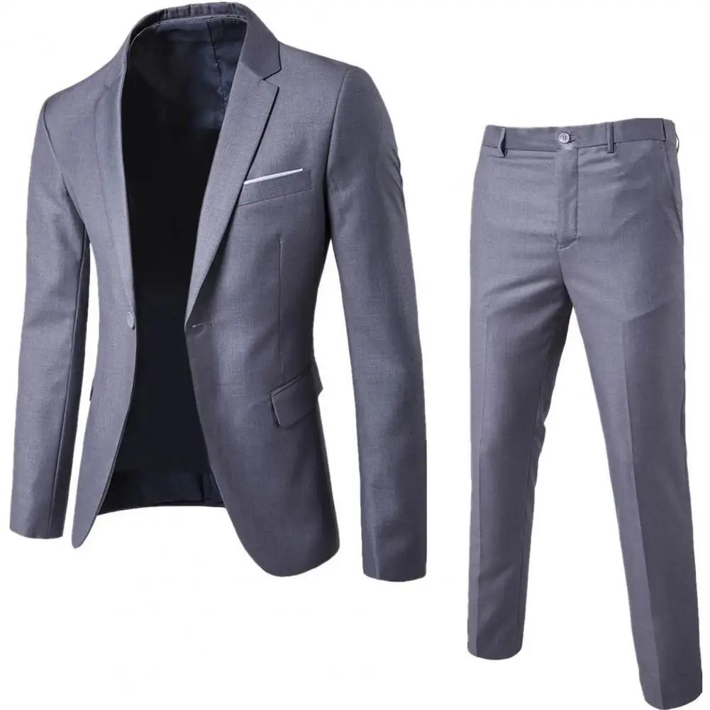 1 Set Trendy Men Suit Anti Deformation Formal Suit Turndown Collar Pure Color One Button Suit Set  Daily Wear