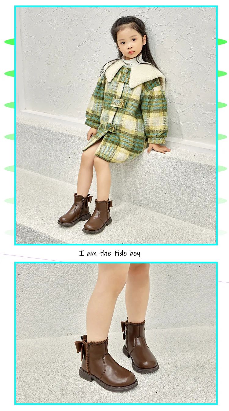 Girls Ankle Boots with Back Bow-knot Kids Short Boots Soft Sole 2025 New Girls' Princess Leather Boots with Warm Cotton Side Zip