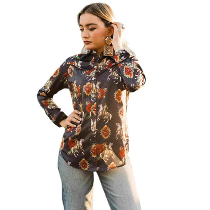 2025 New Women's Slim Fit Long Sleeve Shirt Western Cowboy Ethnic Streetwear Print Collared Denim Button up Fashionable Top