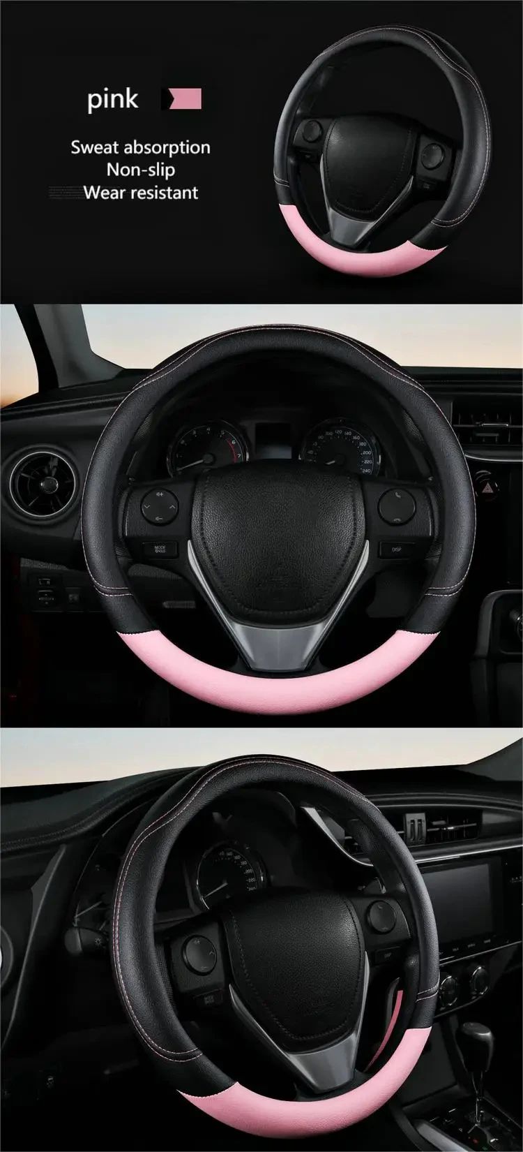 1PC New PU Leather Splicing Leather Anti-slip Wear Four Seasons Universal Steering Wheel Cover Black pink
