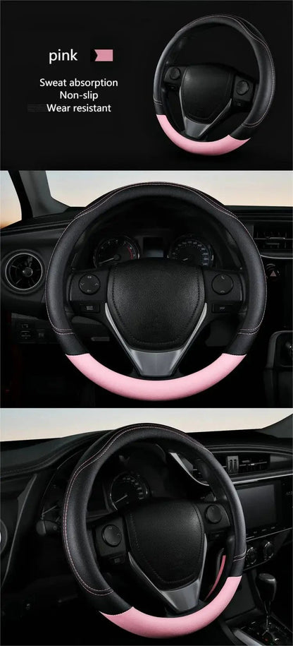 1PC New PU Leather Splicing Leather Anti-slip Wear Four Seasons Universal Steering Wheel Cover Black pink