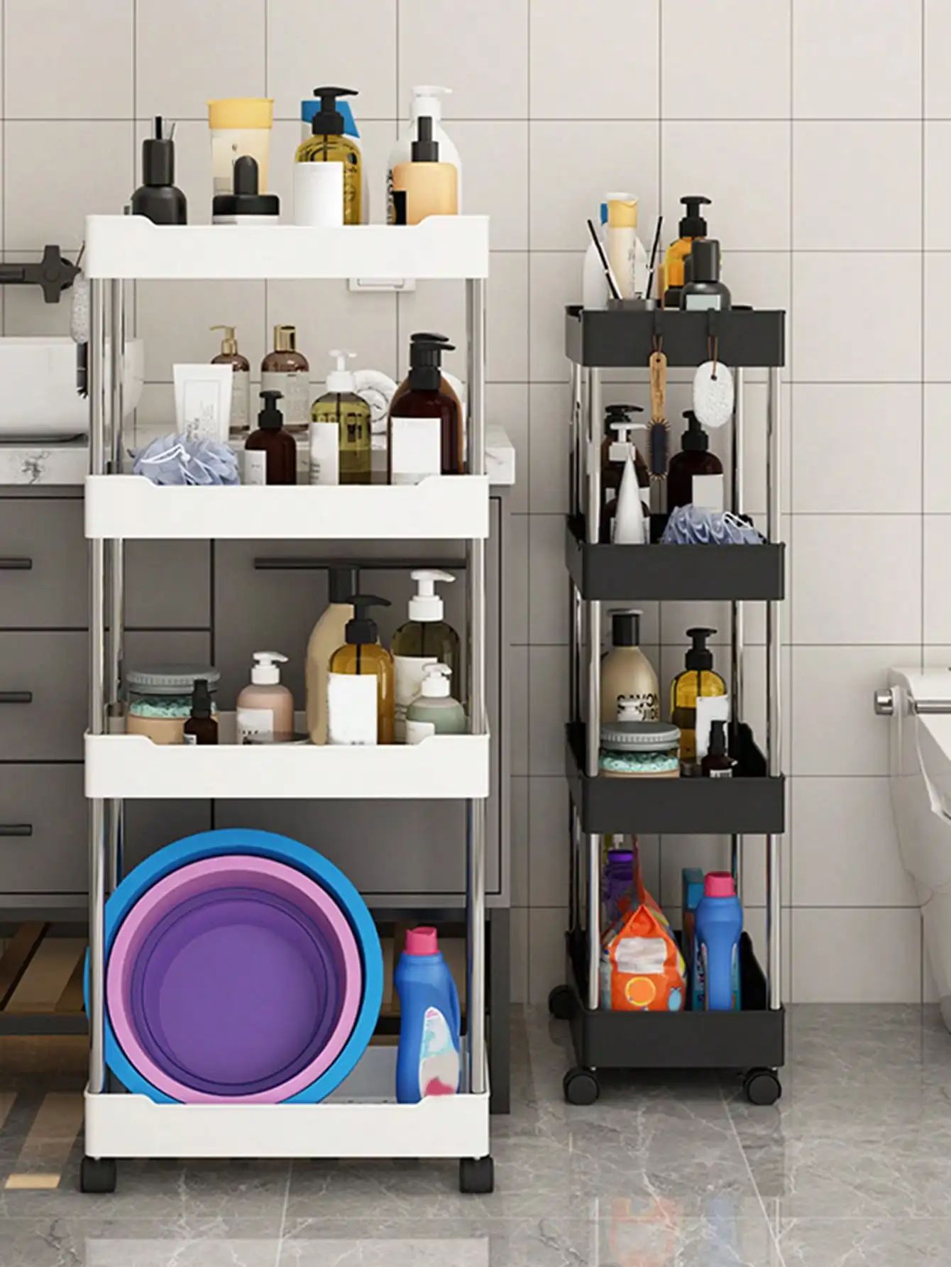 Rack de armazenamento móvel com 3/4 níveis para espaços estreitos, carrinho utilitário com rodinhas, prateleira organizadora fina para cozinha, banheiro e sala de estar