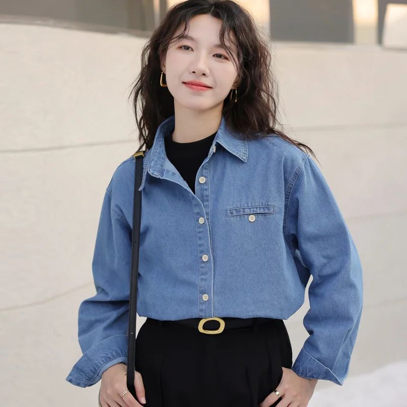 2024 New Vintage Loose-Fit Denim Shirt Women's Petite Top Commuter Jacket Fashionable Through-The-Year Style