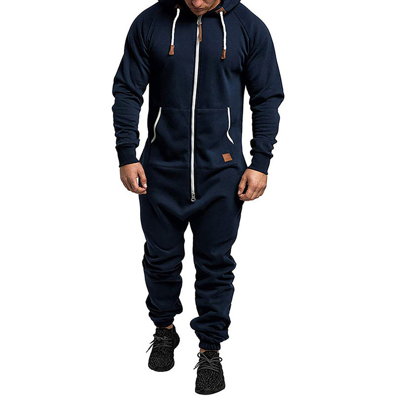 Men's Hooded Fleece Lining Jumpsuit Autumn Winter Warm Long Sleeve Full Zipper Overalls with Kangaroo Pockets Night Clothes