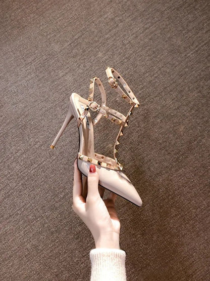Riveted Nude High Heel Sandals for Women in Summer 2024, New Slim Heeled Pointed Fashion Sexy Back Empty Women's Sandals