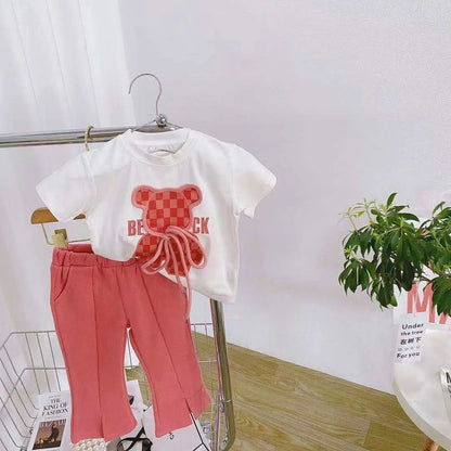Summer Baby Girls Clothes Set Toddler Kid Cartoon Bear Tshirt and Flared Pants Suit Children Short Sleeve Top Bottom Tracksuit