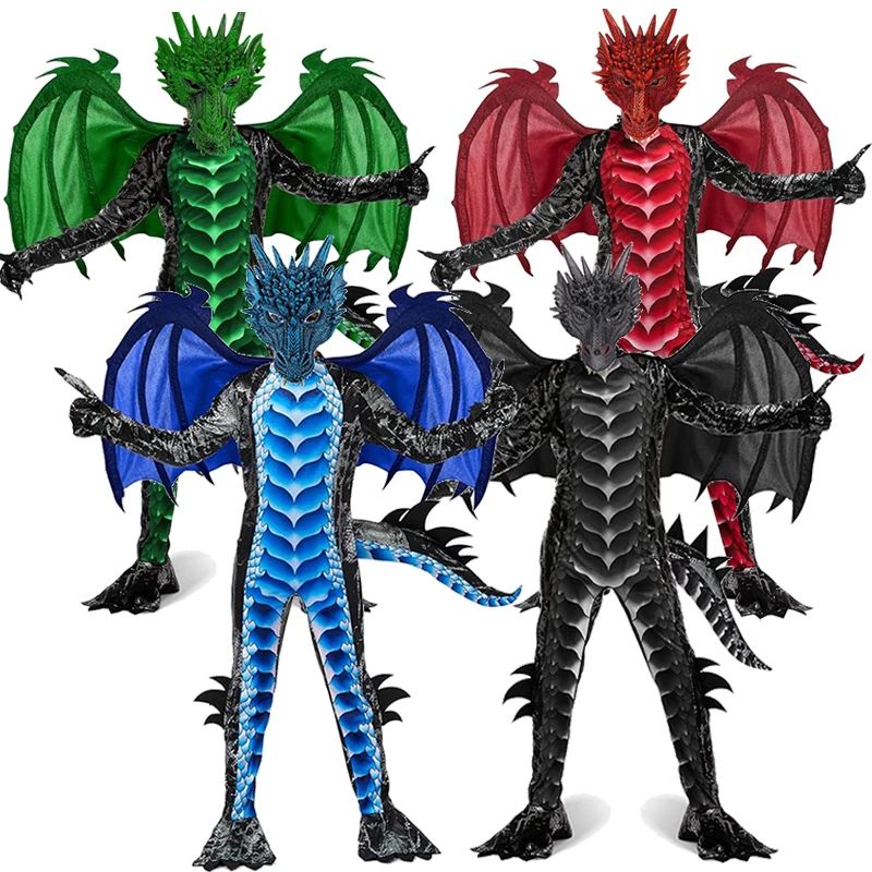 2025 New Arrival Dragon Jumpsuit With Wing And Mask Halloween Outfit Child Boys Black Blue Dragon Costume Halloween Dress Up