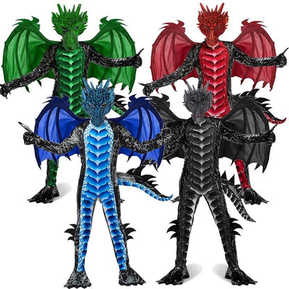 2025 New Arrival Dragon Jumpsuit With Wing And Mask Halloween Outfit Child Boys Black Blue Dragon Costume Halloween Dress Up