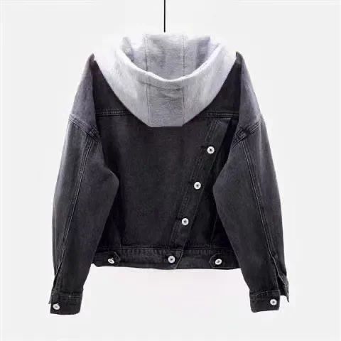 Women Denim Coat Hooded Single Breasted Button Jackets Hooded Patchwork Outerwear Cardigan Solid Pockets Streetwear Warm