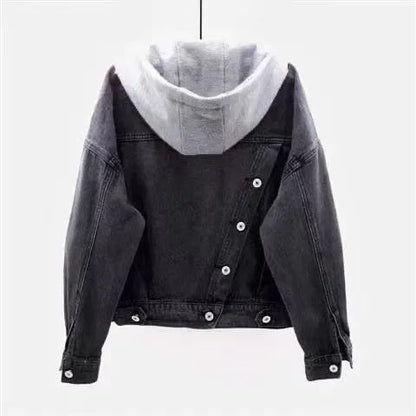 Women Denim Coat Hooded Single Breasted Button Jackets Hooded Patchwork Outerwear Cardigan Solid Pockets Streetwear Warm