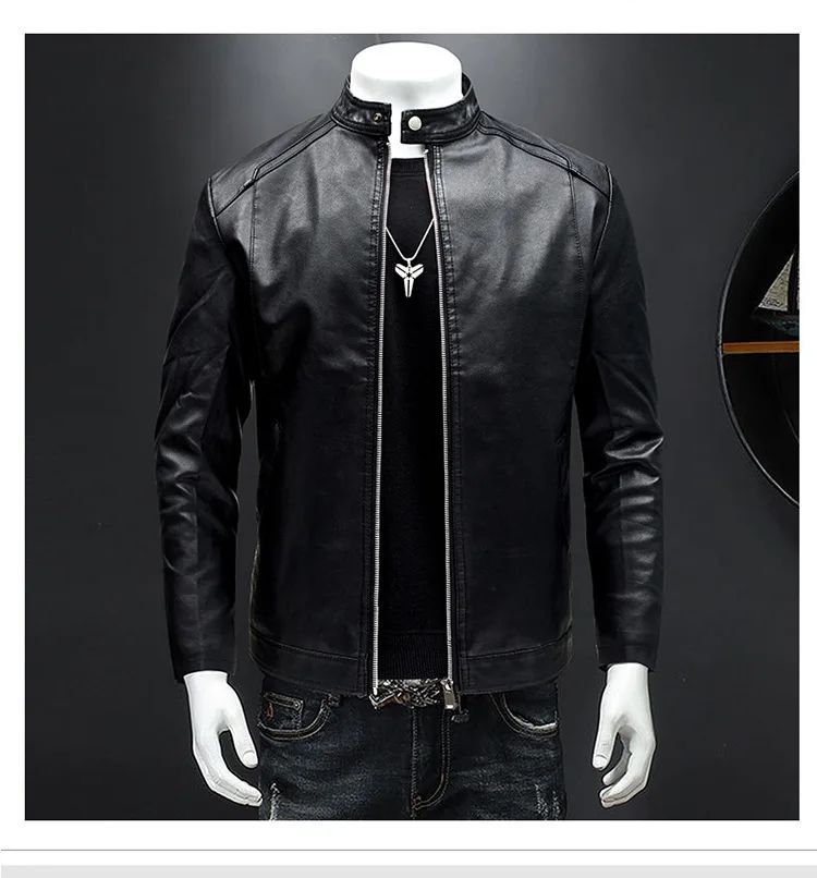Men's Biker Leather Jacket Autumn Winter Thickened Fleece Casual Versatile Slim Fit Large Size PU Leather Coat