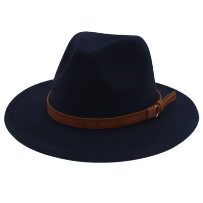 Classic Brown Belt Women Fedora Hats Autumn Winter Gentleman Jazz Felt Hat For Men Retro Church Lady Flat Wide Brim Dress Hat