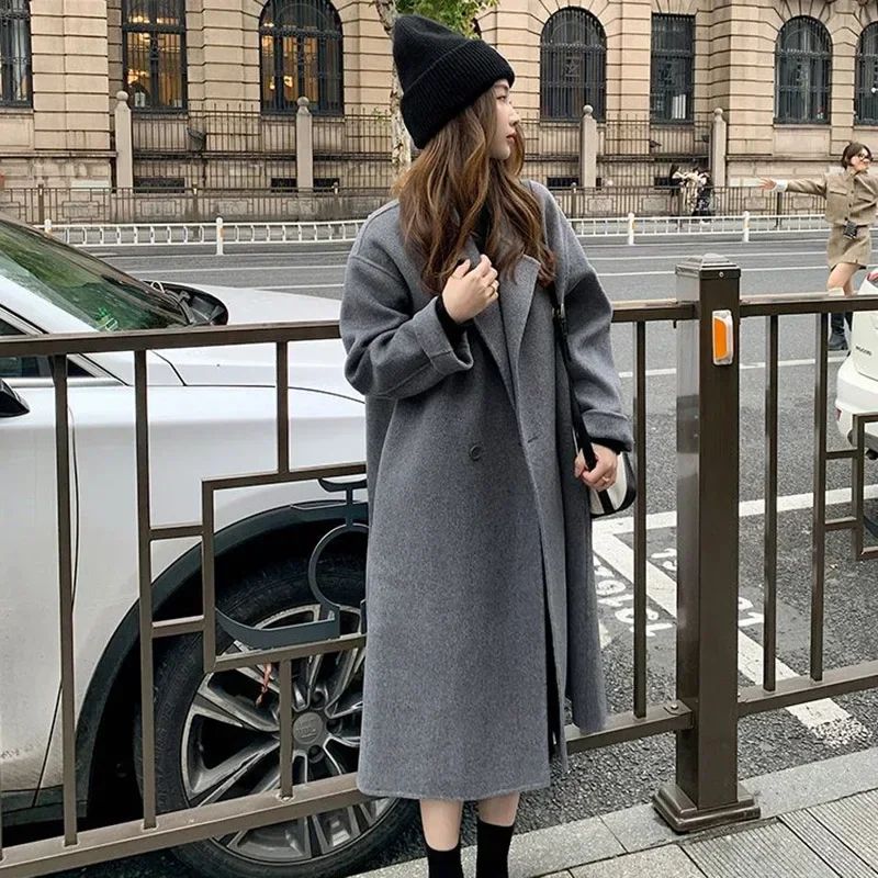 2024 New Winter Lady Lazy Style Baggy Mid-Long Thermal Woolen Coat Female Korean Version Concise Designer Versatile Coat Jackets