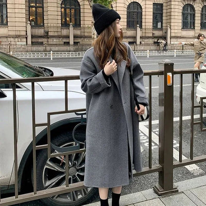 2024 New Winter Lady Lazy Style Baggy Mid-Long Thermal Woolen Coat Female Korean Version Concise Designer Versatile Coat Jackets