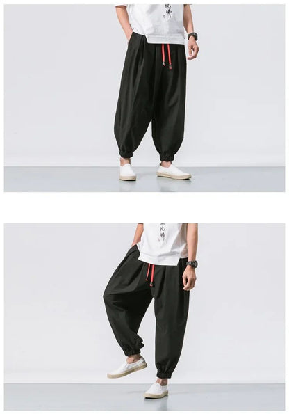 New Trendy Men Harem Pants Loose Oversized Style Cotton and Linen High Quality Jogger Sweatpants Casual Male Trousers