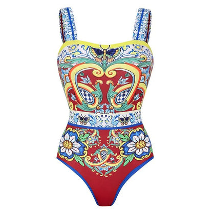2024 Vintage Pattern Printed One Piece Swimsuit Swimwear Bikini Set Women Beachwear Clearance Wholesale