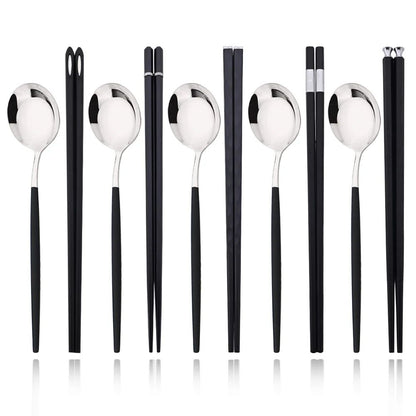 Conjunto de Talheres Portátil para Viagem Preto e Prata com 10 Peças, Hashis Colher de Aço Inoxidável, Conjunto de Utensílios de Mesa Coreano de Luxo