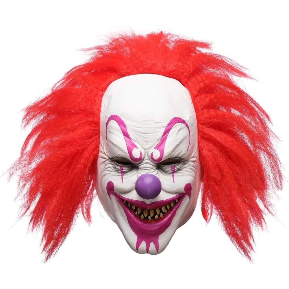 Evil Grinning Clown Mask Purple Nose Red Wig Latex Mask Halloween Carnival Haunted House Bar Prank Cosplay Costume Accessory