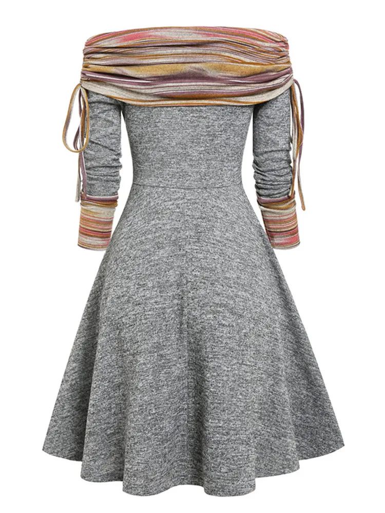 Fashionable Women's Autumn/winter Off-shoulder Long Sleeve Dress Waist-fitted Large Swing