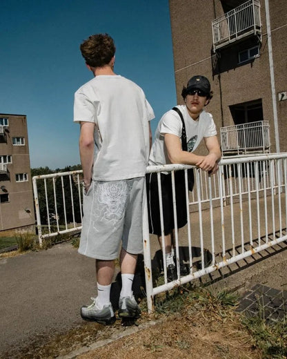 American Hip-hop Dragon Head Striped Casual Loose Shorts Men 2025 High Street Retro Punk Fashion Oversized Straight Pants Women