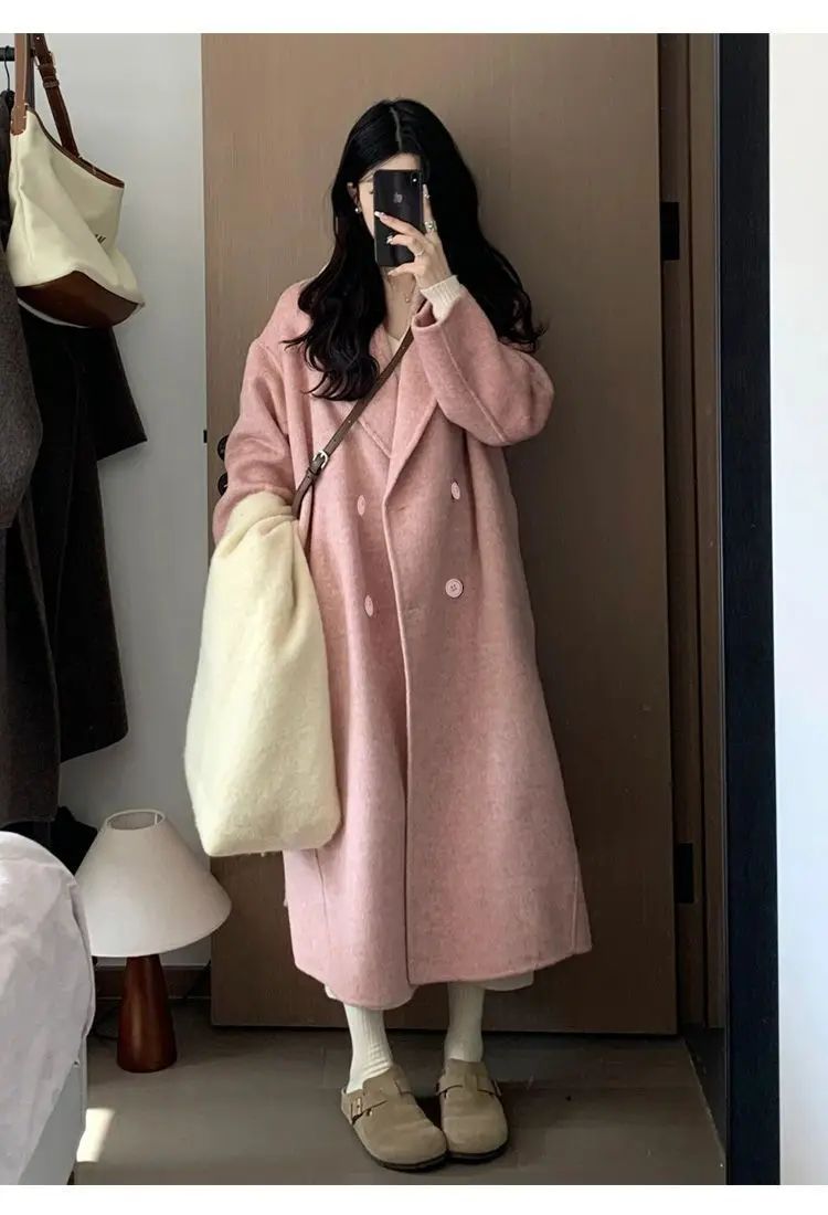 Oatmeal Color Woolen Coat Women's Loose Mid-Length Korean Style Autumn Winter New Arrival Fashion Outerwear Pure Color Full Slee