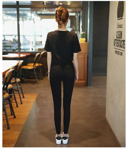 Plus Size High Waist Black Jeans Women's Spring Autumn Fashion Slim Fit Nine Point Cotton Denim Pants with Button Decoration