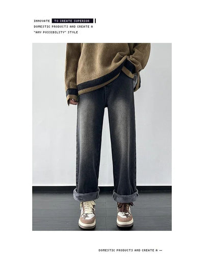 4 Colors Winter Fleece Men's Jeans Baggy Straight Elastic Waist Denim Pants Fashion Korean Thickened Warm Male Thermal Trousers
