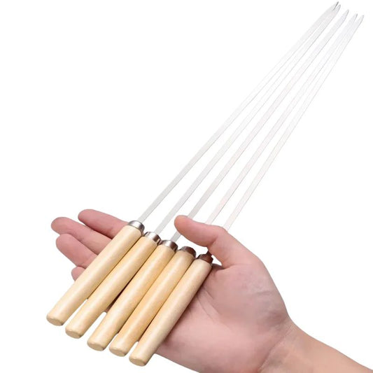 New Wooden handle anti-scalding barbecue skewers can be reused 304 stainless steel metal barbecue skewers wide skewers
