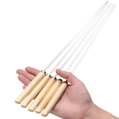 New Wooden handle anti-scalding barbecue skewers can be reused 304 stainless steel metal barbecue skewers wide skewers