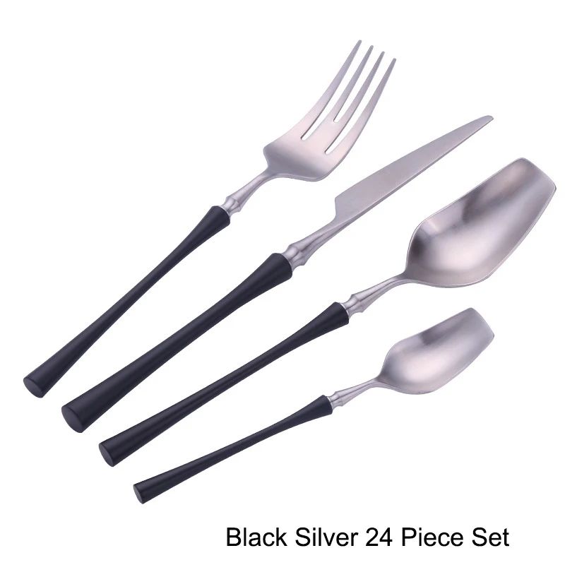 Conjunto de Talheres 24 Peças Aço Inox Fosco Preto Dourado Jogo de Talheres de Mesa Faca Colher Garfo Lavável em Lava-louças