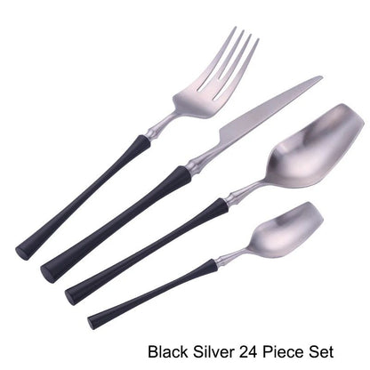 Conjunto de Talheres 24 Peças Aço Inox Fosco Preto Dourado Jogo de Talheres de Mesa Faca Colher Garfo Lavável em Lava-louças