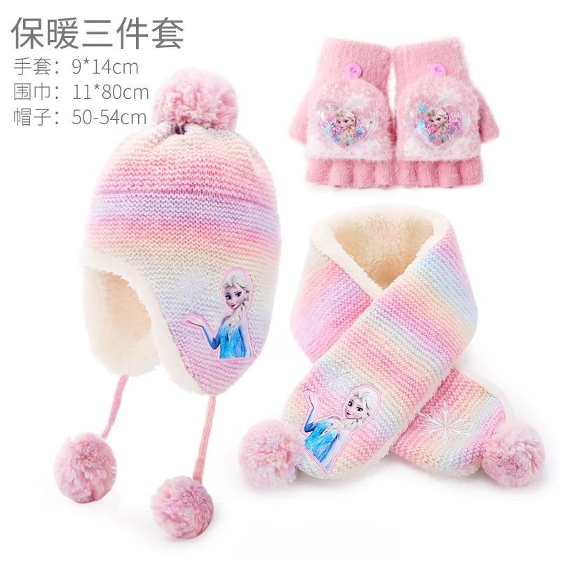 Conjunto infantil de gorro de lã e cachecol com animação da Elsa de Frozen da Disney, desenho animado, inverno, forro de veludo, espesso para manter aquecido