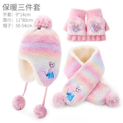 Conjunto infantil de gorro de lã e cachecol com animação da Elsa de Frozen da Disney, desenho animado, inverno, forro de veludo, espesso para manter aquecido