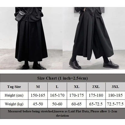 Mens Gothic Dark Style Loose Cropped Hakama Wide Leg Design Sense High Waist Samurai Pants Fashion Straight Male Skirt Pants
