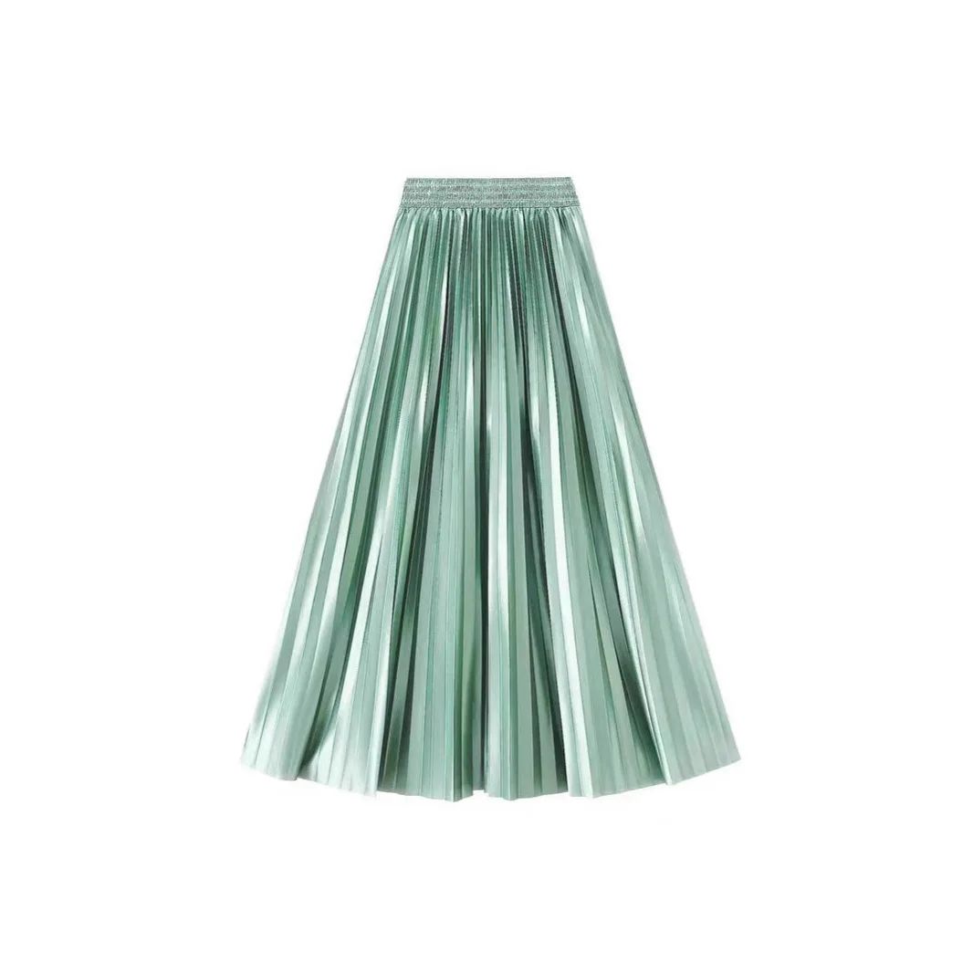 High Waist Satin Pleated Skirt 1 Meter Long Floor Length Pearl Glitter A- Line Umbrella Half Body Skirts Polyester Fiber