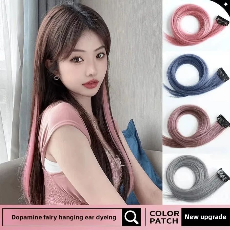 Tiras de coloração para mechas presas na orelha, extensões de cabelo coloridas de uma peça para cabelos longos femininos, adesivos invisíveis de peruca sintética