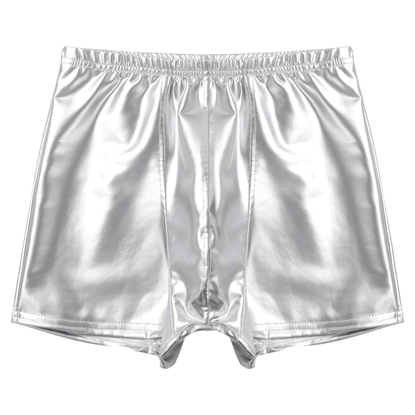Mens Patent Leather Shorts Dance Performance Clubwear Wet Look Pants Elastic Waistband ShortsBulge Pouch Boxer Briefs Shorts