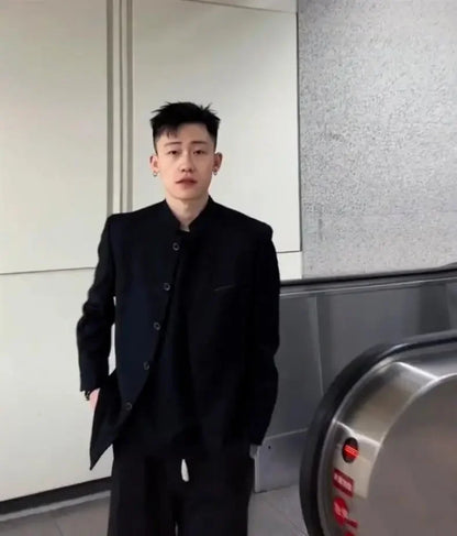 New Black Zhongshan Suit Jacket for Young Men Chinese Style Outerwear Popular Internet Celebrity Zhao Shanghe Topwear