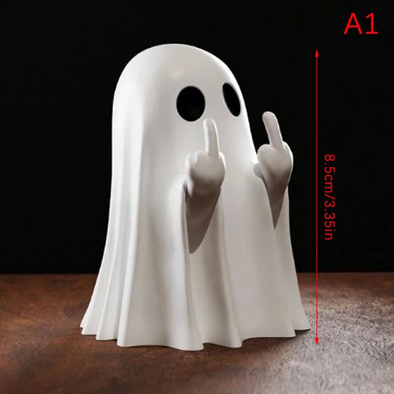 Estátua fofa de fantasma com dedo do meio, estatuetas assustadoras de fantasmas, decorações de casa para feriados, decorações de Halloween? Pequena mini decoração